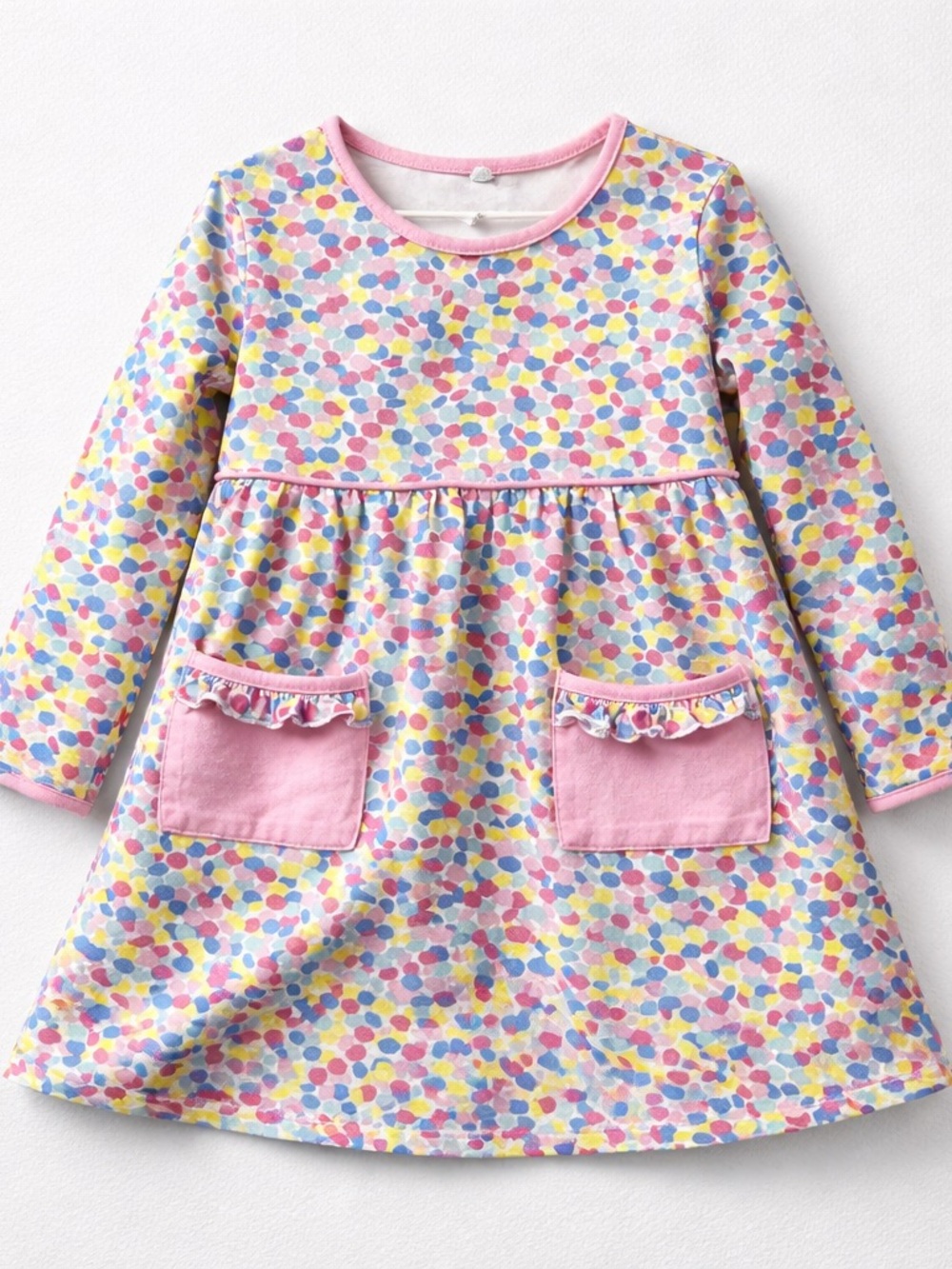 Stitchy Fish pink yellow blue dot cotton knit dress with pockets size 5